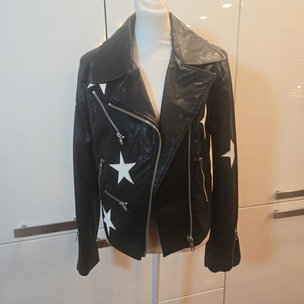 Olivaceous Black Leather Jacket with White Stars